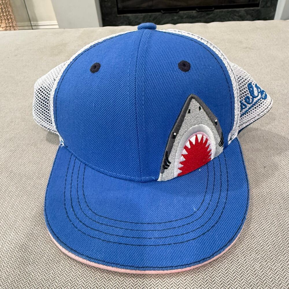 Aksel Shark Bite Trucker Snapback Hat Blue White Mesh Cap